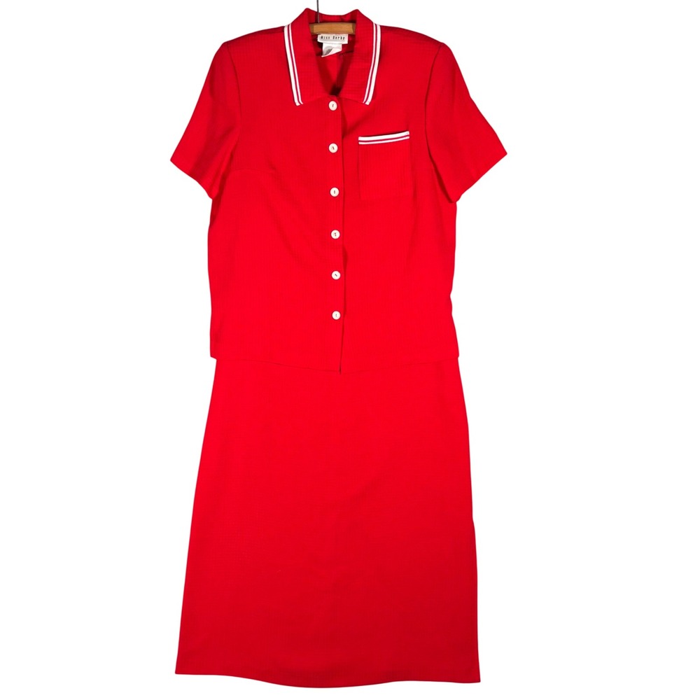Vintage Miss Dorby Co-ord Dress Set Size 14‎ Red Knit Polo Collar Button Front